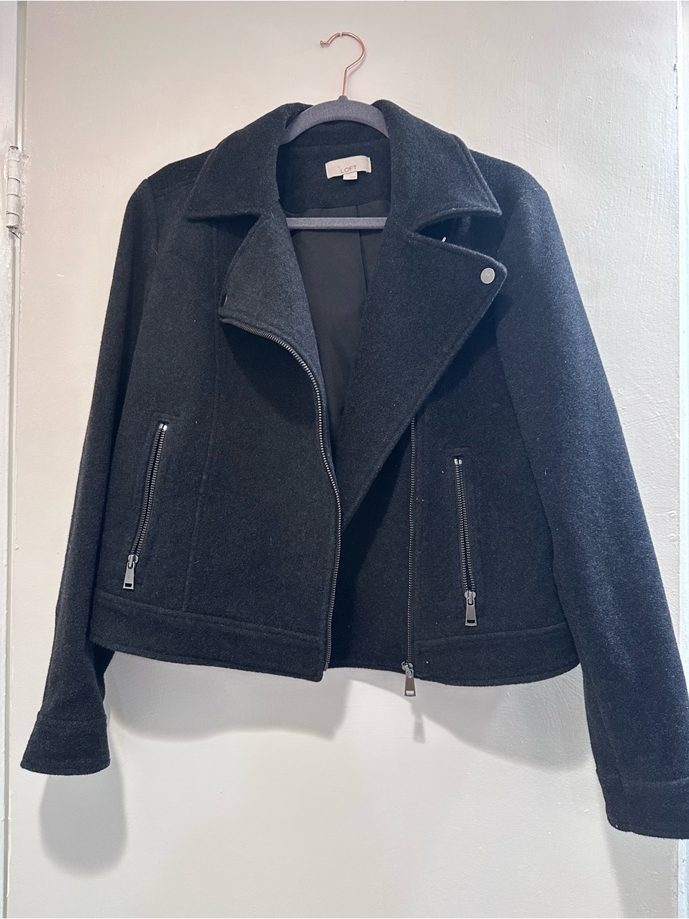 LOFT Black Wool-Blend Asymmetric Zip Jacket